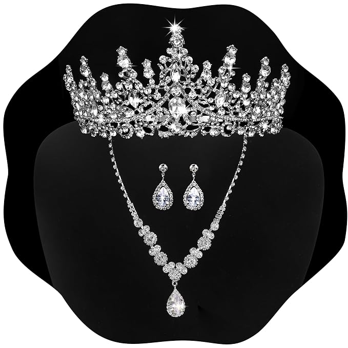 KICOSY Silver Jewelry Set for Women Crystal Crown Tiara and Necklace Kit, Crown Earrings Neck Accessories for Bride Weddin...
