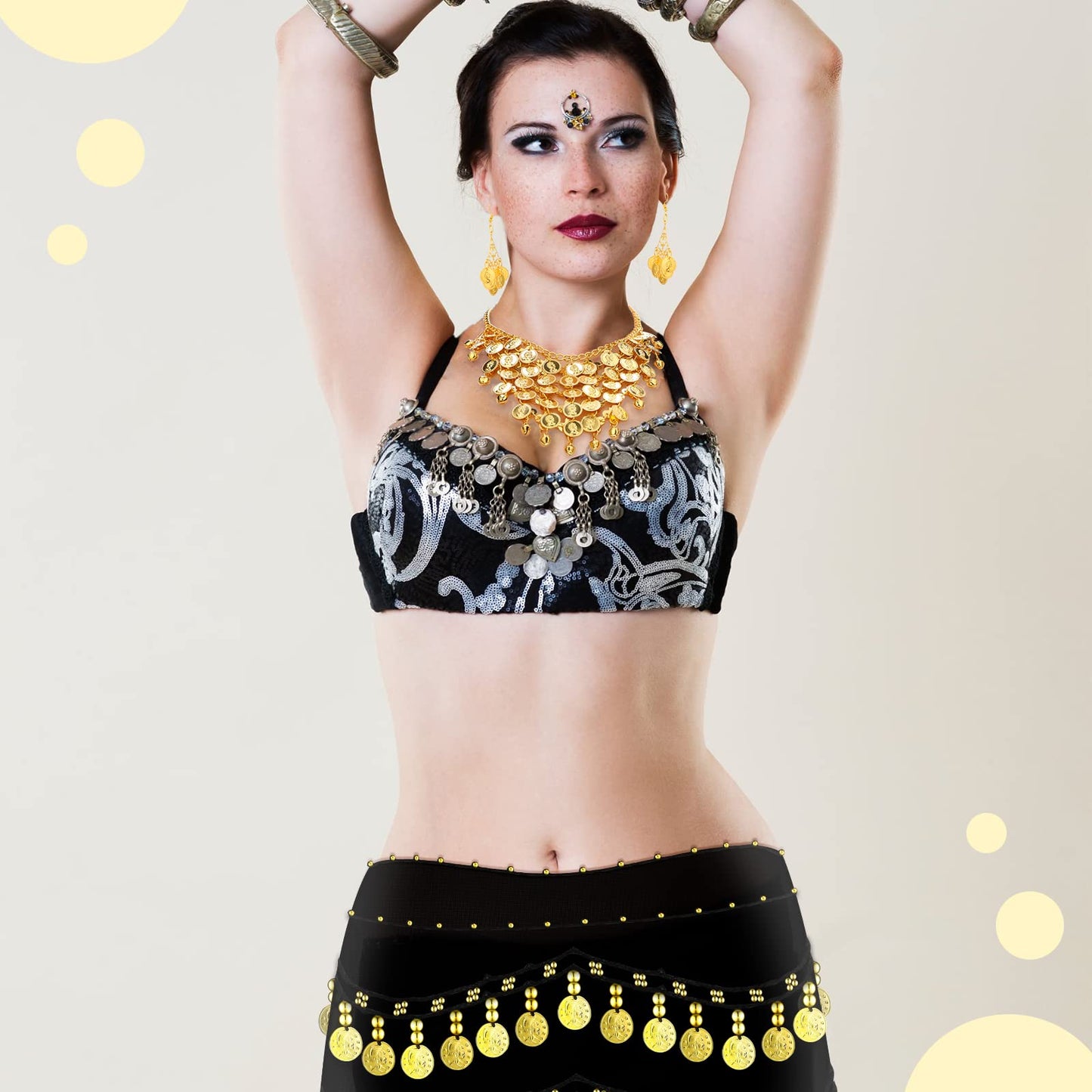 Sureio 4 Pcs Women Gypsy Pirate Costume Accessories Belly Dance Head Scarf Earring Necklace Hip Scarf Jewelry(Black)