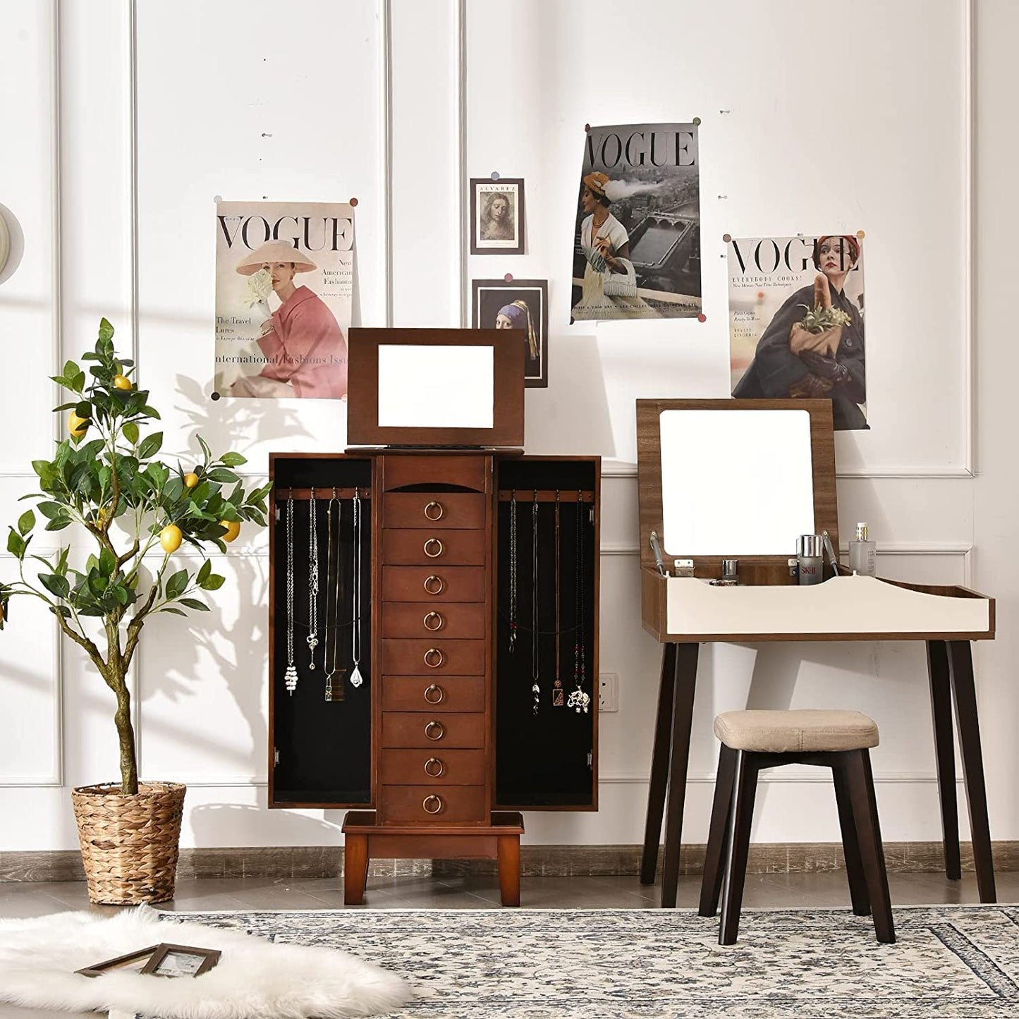 FANTASK Standing Jewelry Armoire Cabinet, Wooden Jewelry Storage Chest w/Flip Top Mirror, 9 Drawers & 2 Side Doors, Bedroom Armoire with Large Storage, Walnut