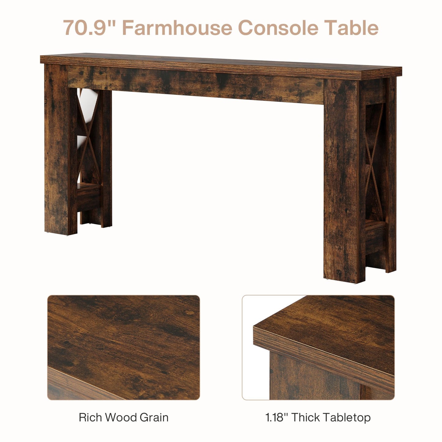 Tribesigns 70.9" Extra Long Console Table, Farmhouse Narrow Long Entryway Table with H-Shaped Legs for Living Room, Hallway, Rustic Brown