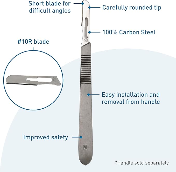 BodyMed Dermaplaning Blades #10R in Carbon Steel, 100 PCS - Disposable, Individually wrapped, Sterile Scalpel Blades for Estheticians, Facial Exfoliation, Hair Removal, Skin Care, Surgical & Podiatry