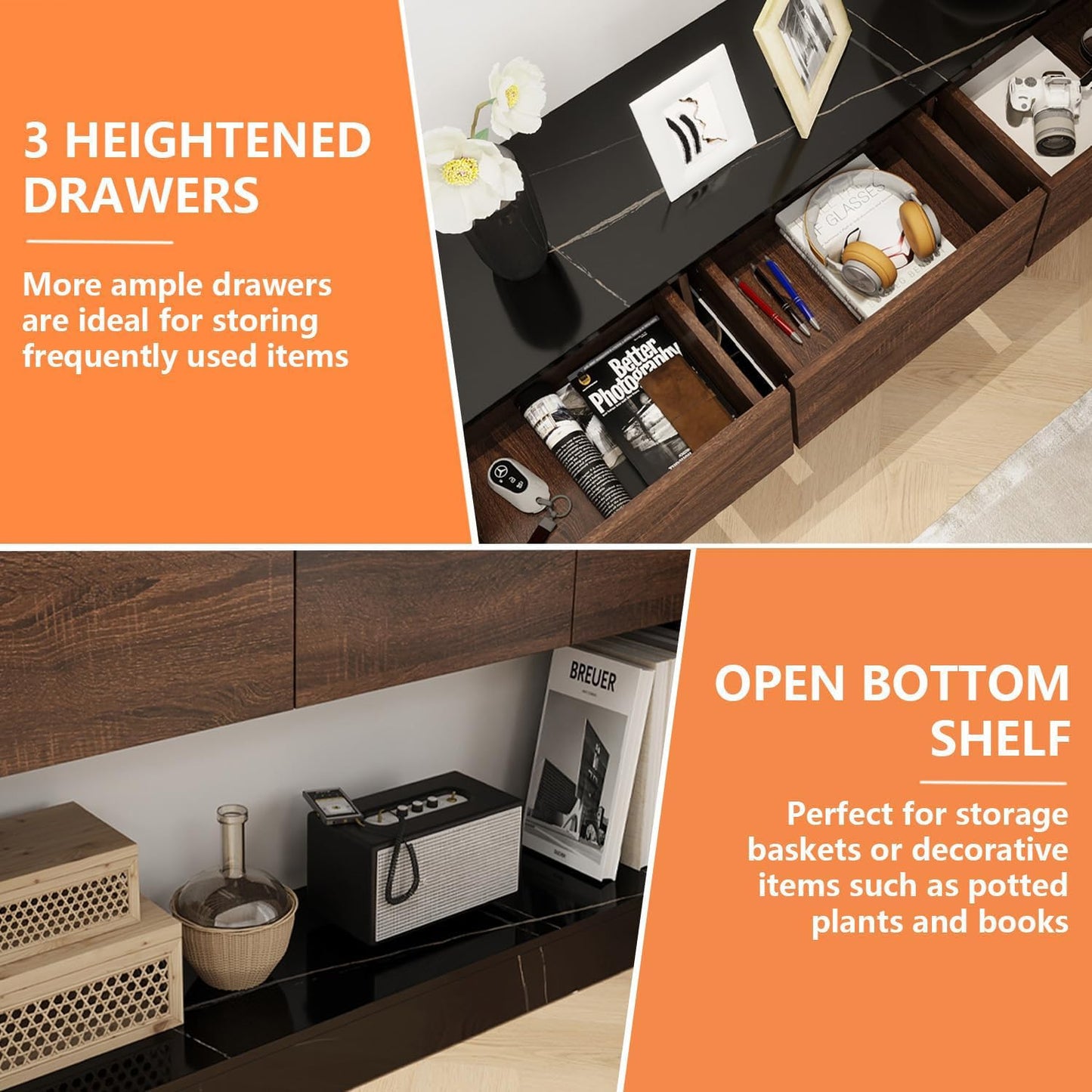 LAZZO 51" Long Console Table 3 Drawers Entryway Sofa Table with Storage and Open Shelf Behind Couch for Living Room, Foyer, Hallway, Entry Black and Office Marble Black and Brown