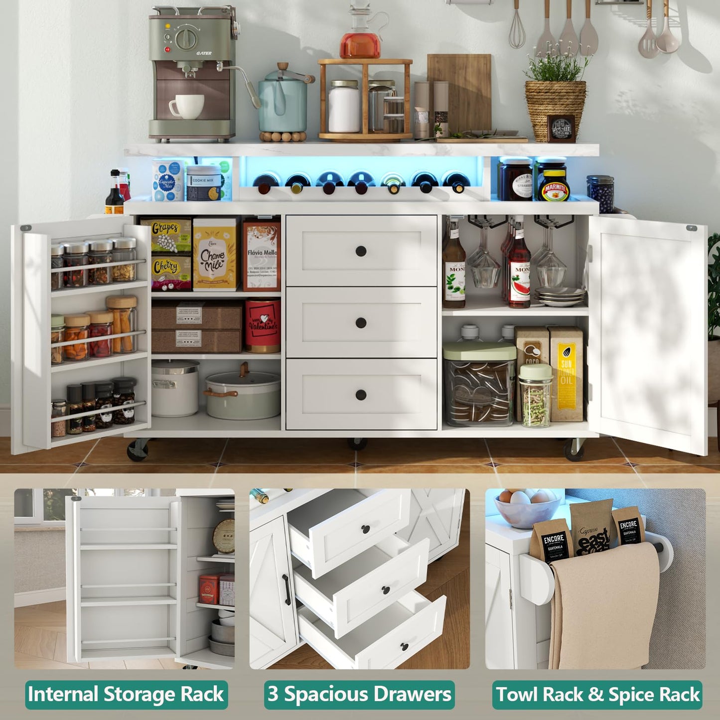 Rolling Kitchen Island Cart with Storage, Kitchen Island on Wheels with LED Lights & 3 Drawers, Side Table with Spice Rack & Towel Rack, Large Mobile Islands Table for Dining Room, White