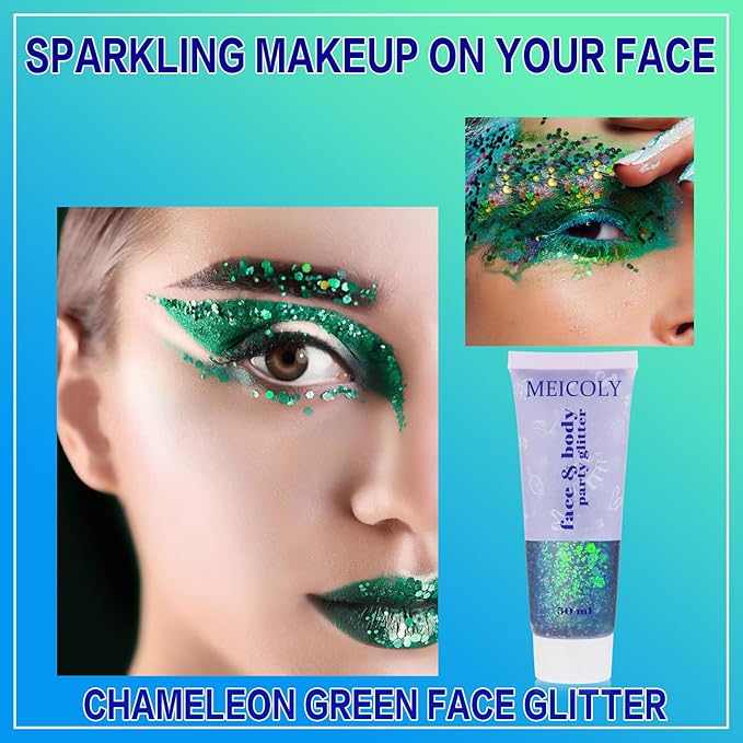 MEICOLY Chameleon Green Face Body Glitter,St Patricks Day Accessories,Color Changing Mermaid Face Glitter,Halloween Glitter Face Paint for Face Body Hair,Festival Rave Outfits Accessories for Women