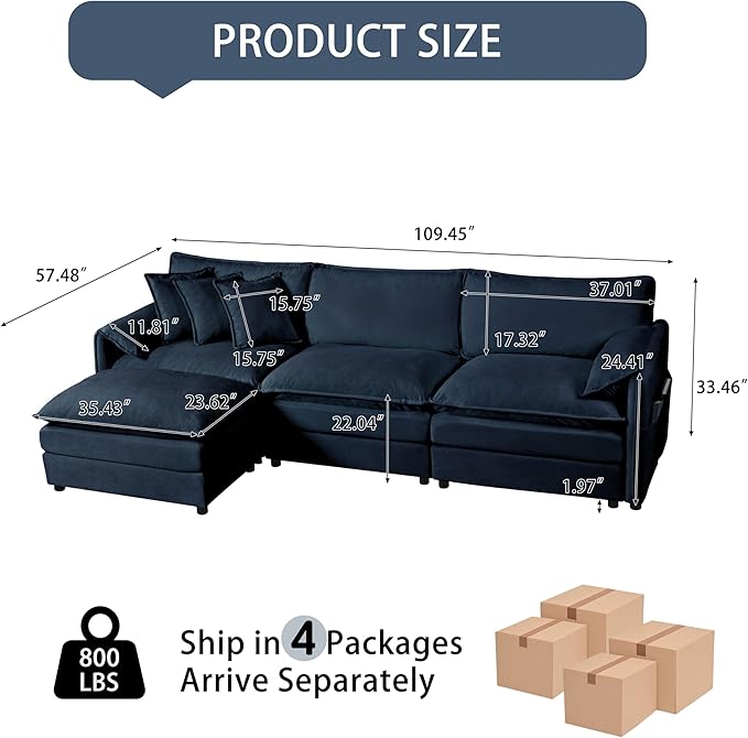 RENDGO 109" Modular Sectional Sofa with 1 Ottoman, Chenille Cloud Couch for Living Room & Apartment, Deep Seat Comfort, Flexible L-Shape Combination Sofa for Home & Office,Blue