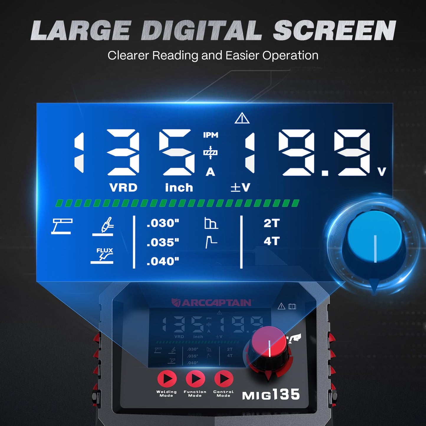 ARCCAPTAIN 135A MIG Welder, 2025 Newest [Large LED Display] 110V Welder Flux Core MIG, Lift TIG, Stick, 3 in 1 Welding Machine Gasless MIG Welder Machine 110V, IGBT Inverter Welder with Synergy, 2T/4T