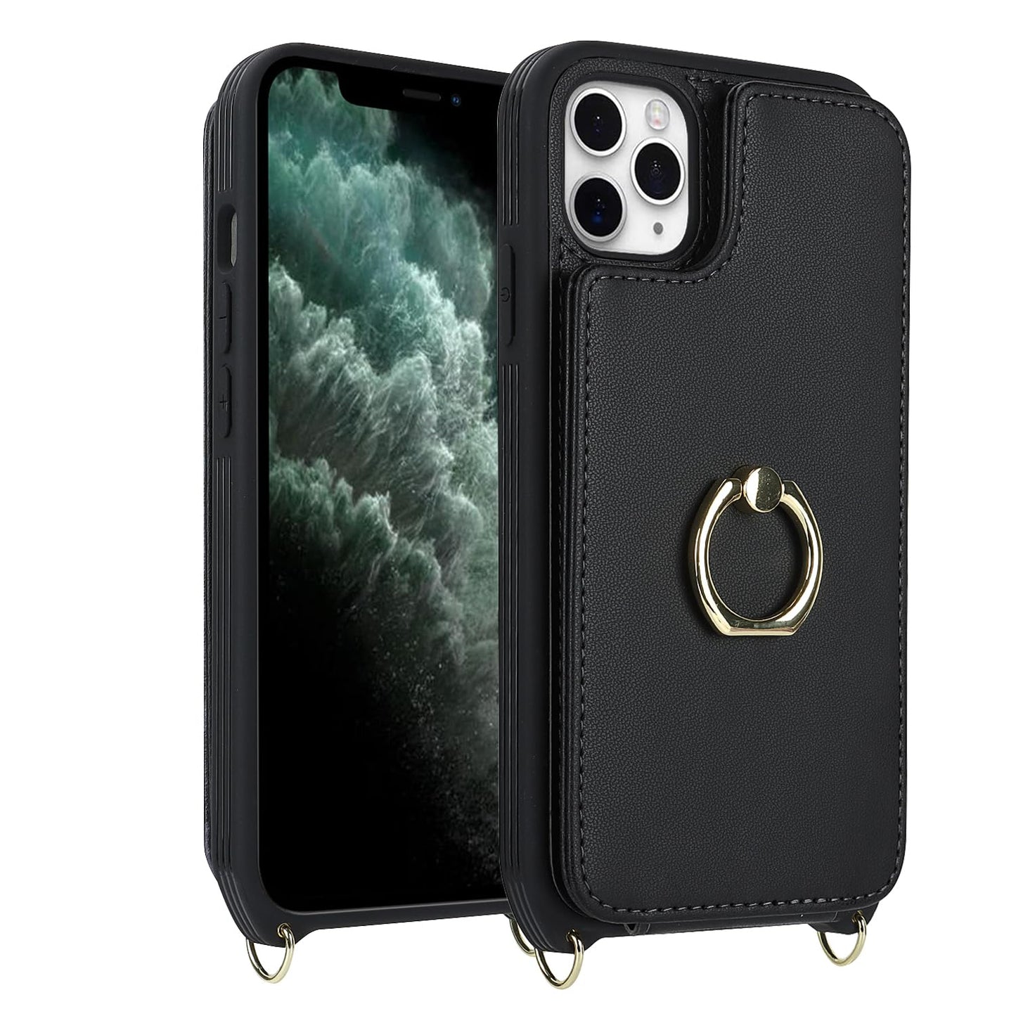 Lipvina For Iphone 11 Pro Phone Case With Card Holder And Strap For Women,Crossbody Lanyard,Kickstand Ring Stand,Snap Clasp,Phon