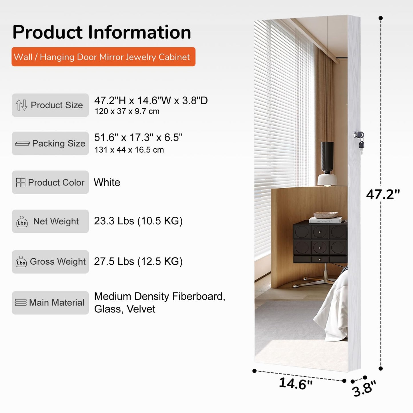 GISSAR Full Length Mirror Jewelry Cabinet, 6 LEDs Jewelry Armoire Wall Mounted Over The Door Hanging, Jewelry Organizer Storage with Lights Lockable White