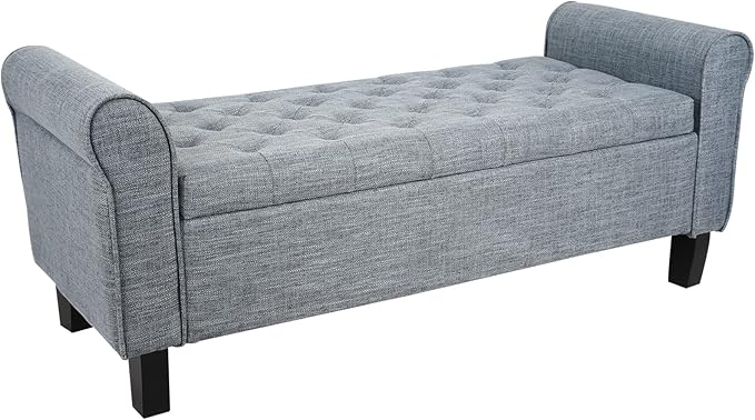 Babion Storage Bench for Bedroom, Button Linen Fabric, 51 Inch, End of Bed Storage, Upholstered Rolled Arm Window Seat with Solid Wood Legs, Dark Grey