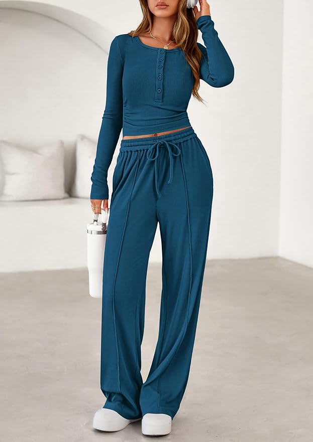 PRETTYGARDEN Women's 2026 Fall Trendy 2 Piece Outfits Lounge Sets Long Sleeve Top Henley Shirts Wide Leg Pants Travel Clothes