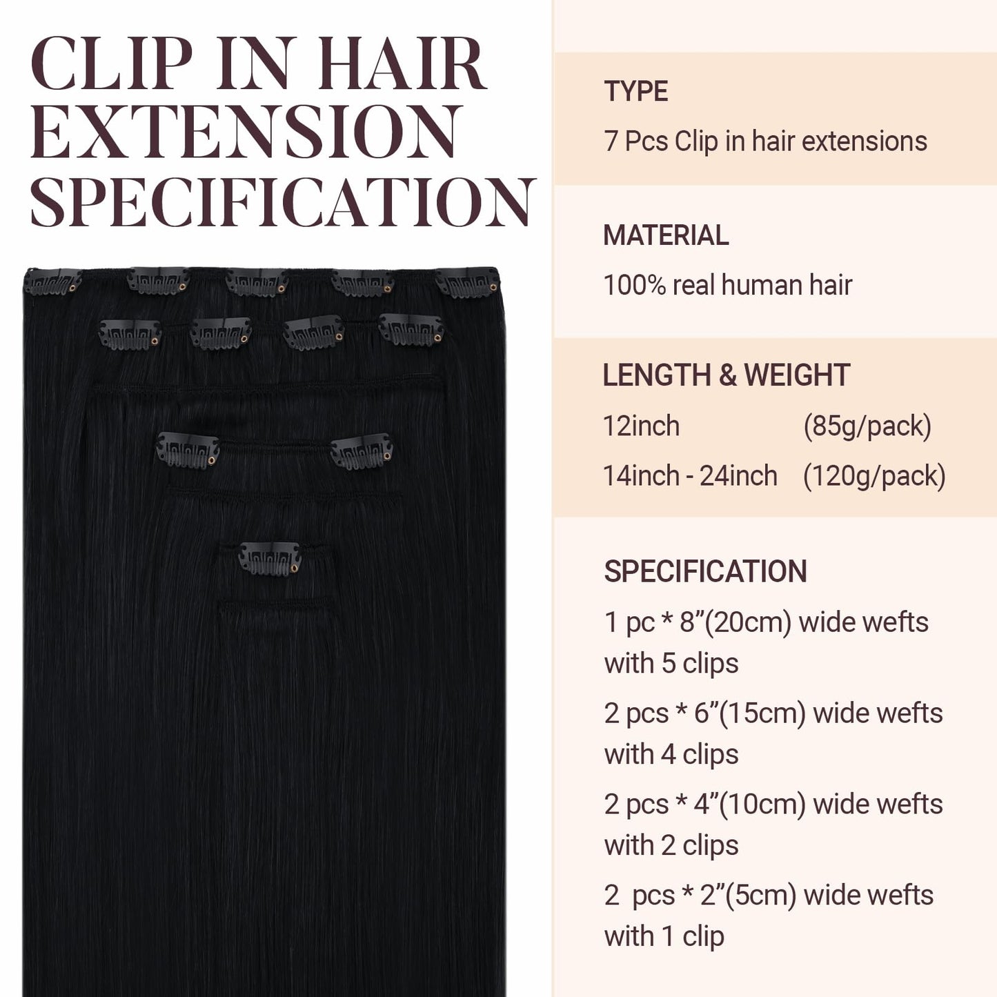MAXITA Clip in Human Hair Extensions, 16 Inch 120g 7pcs, Jet Black Real Hair, Straight, Thick