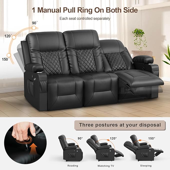 FURNIMAT Recliner Sofa Set with 3+1 Pieces in Living Room, 3 Seater Reclining Sofa with USB Ports, Cell Phone Holders, 1 Recliner Chair with Vibration Massage and Heat Single Sofa Seat, Bedroom, RV