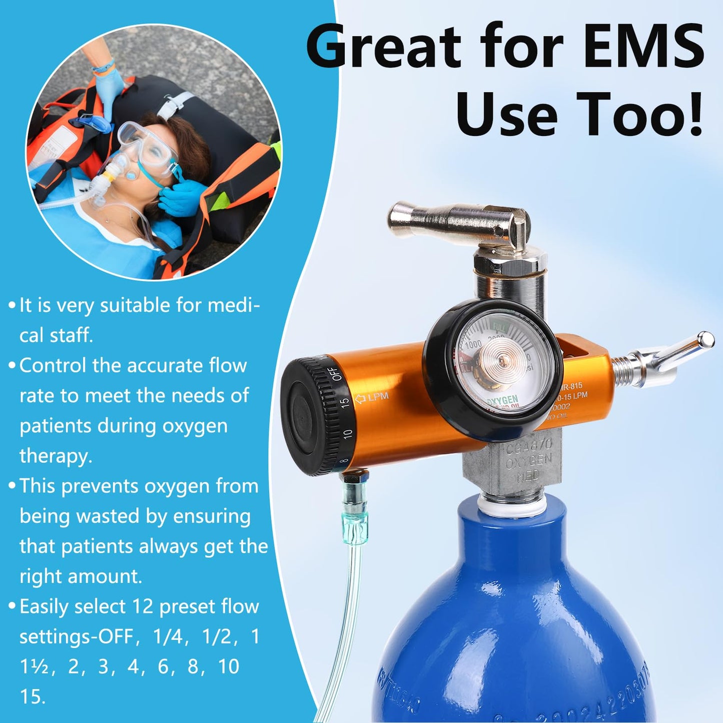 AnteMed Oxygen Regulator for Oxygen Tank CGA-870, Mini O2 Regulator with Gauge, 0-15 LPM Adjustable Flow, Portable Oxygen Tank Regulator