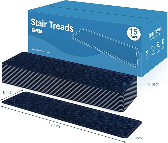 Stair Treads for Wooden Steps, 8" X 30" Non Slip Stair Runner Carpet Indoor with Reusable Adhesive Backing, Soft Tread Mat for Stairs, Polyester TPR Backing Stair Rugs-Navy Blue 15 Pack