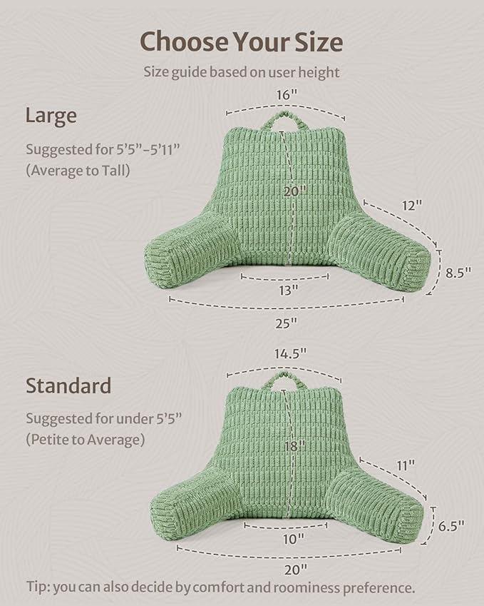 Blissful Diary Reading Pillow, Backrest Pillow with Shredded Memory Foam for Adult & Children, Designed for Bed and Couch Sitting Up, Includes Arms, Pockets and Washable Cover, Sage Green