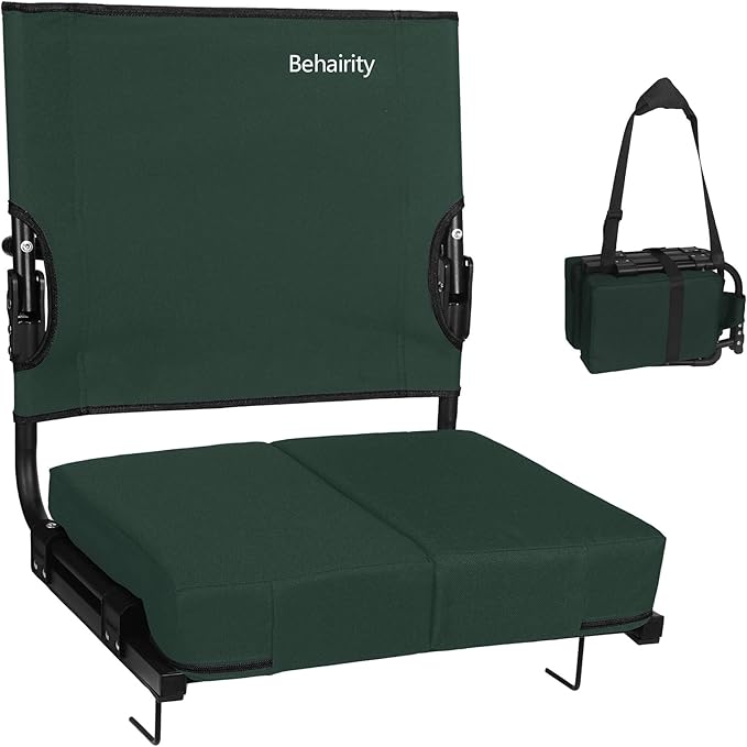 behairity Portable Stadium Seat for Bleachers with Back Support, Wide Padded Bleacher Chair with High Back and Thick Cushion for Adults, Folding Stadium Chair for Football Sports Events (Green)