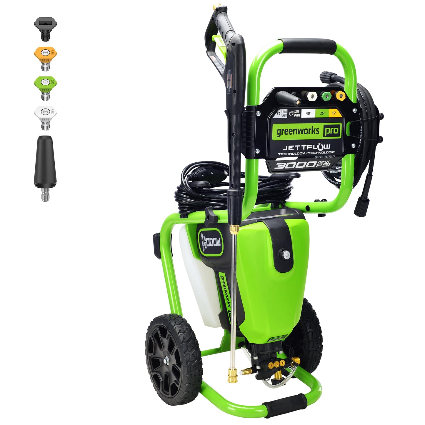 Greenworks 3000 PSI (2.0 GPM Max) Brushless Electric Pressure Washer, Steel Wand, On-Board Soap Tank (15°, 25°, 40°, Soap, and Turbo Nozzle)