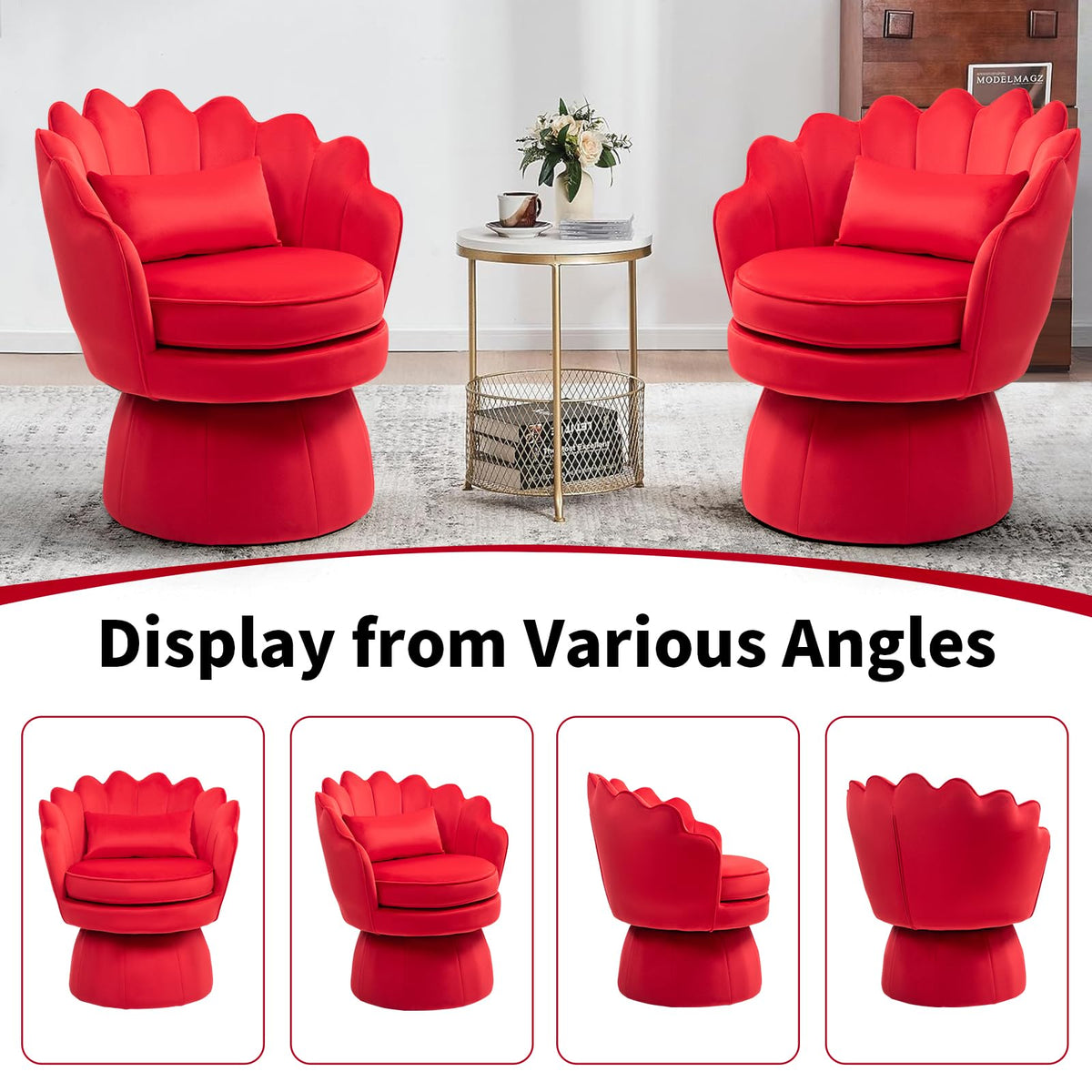 ZJhome 360° Swivel Accent Chair, Mid-Century Modern Velvet Barrel Chair, Comfy Shell Shape Arm Chair with Lumbar Pillow for Living Room, Bedroom, Office, Rose Red