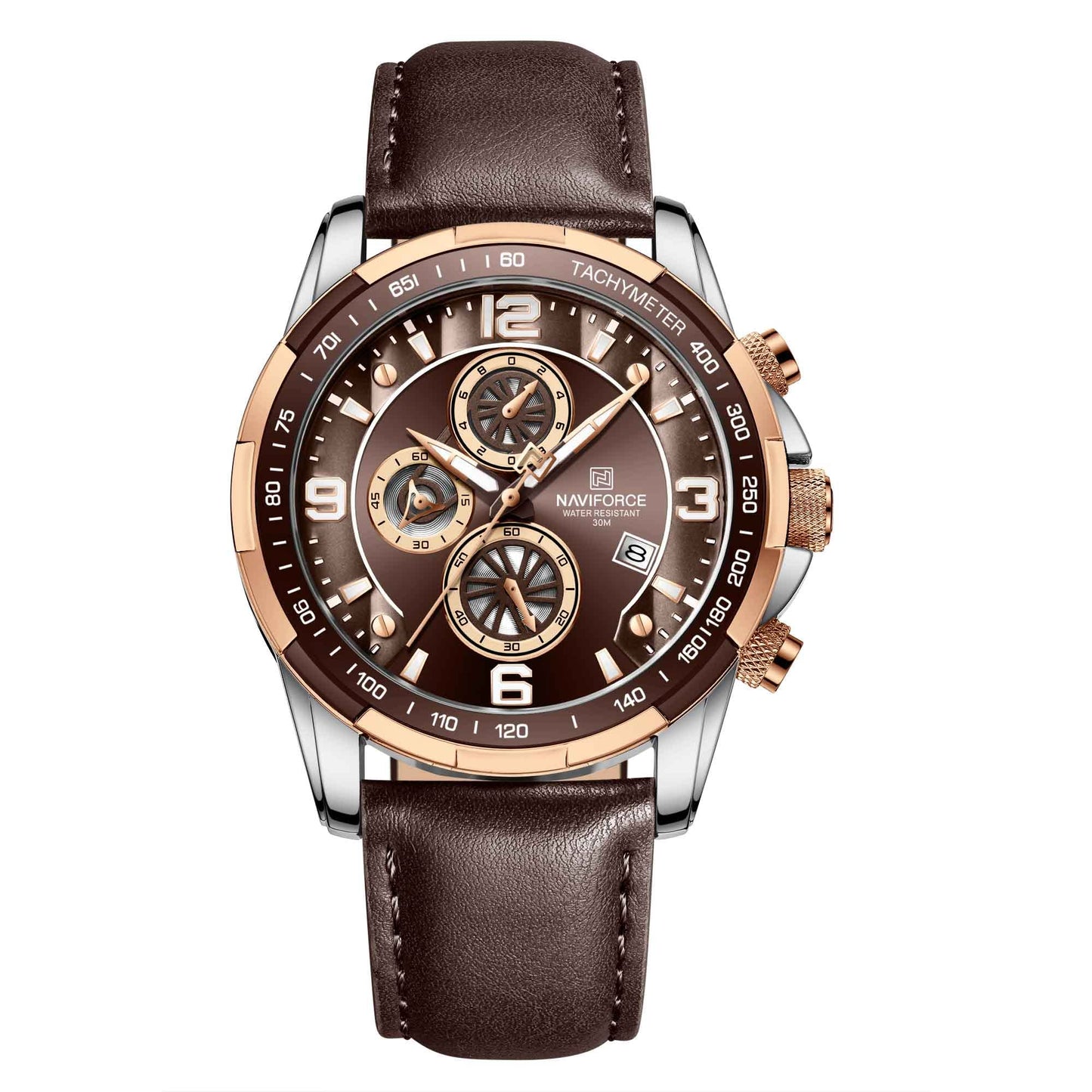 NAVIFORCE Sport Watches for Men Analog Quartz Chronograph Leather Strap Wrist Watch