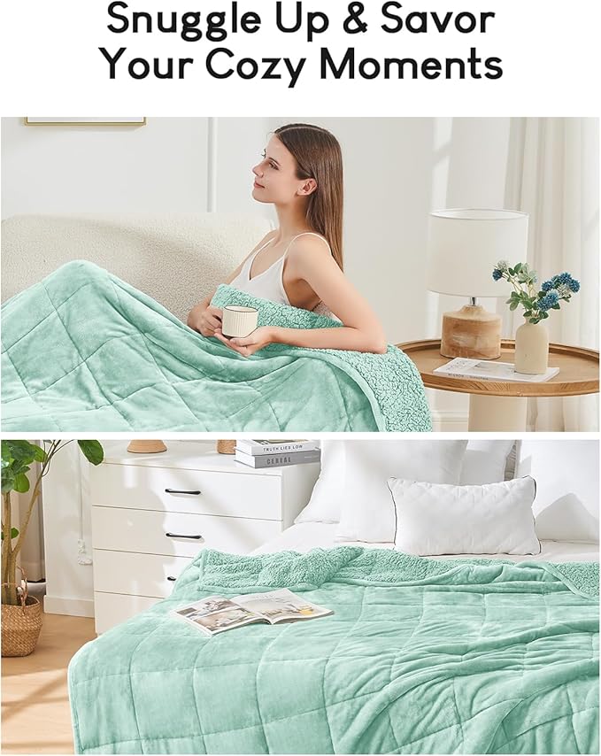 Cottonblue Weighted Blanket for Adults 15 lbs Queen Size 60x80 inches, Cozy Flannel Sherpa Weighted Throw Blankets Comfortable for Calming and Relax, Shaggy Fleece Bed Sofa Heavy Blankets, Dusty Green