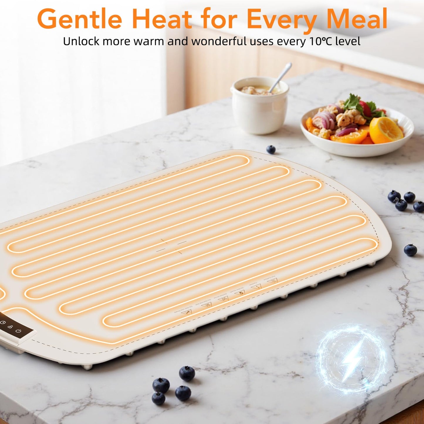 Electactic Food Warming Mat, 10s Fast Heating Silicone with 7-Level Adjustable Temp (Up to 212℉) with Child Lock & Timer, Rollable Portable for Buffet, Party, Kitchen, Beige
