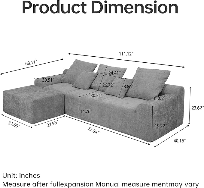 SEENYOO 111.2" Boneless Couch,Cloud Sectional Sofa with L-Shape Chaise,No Assembly,High-Density Memory Foam,Chenille Comfy Sofa for Living Room, Bedroon and Apartment (Grey)