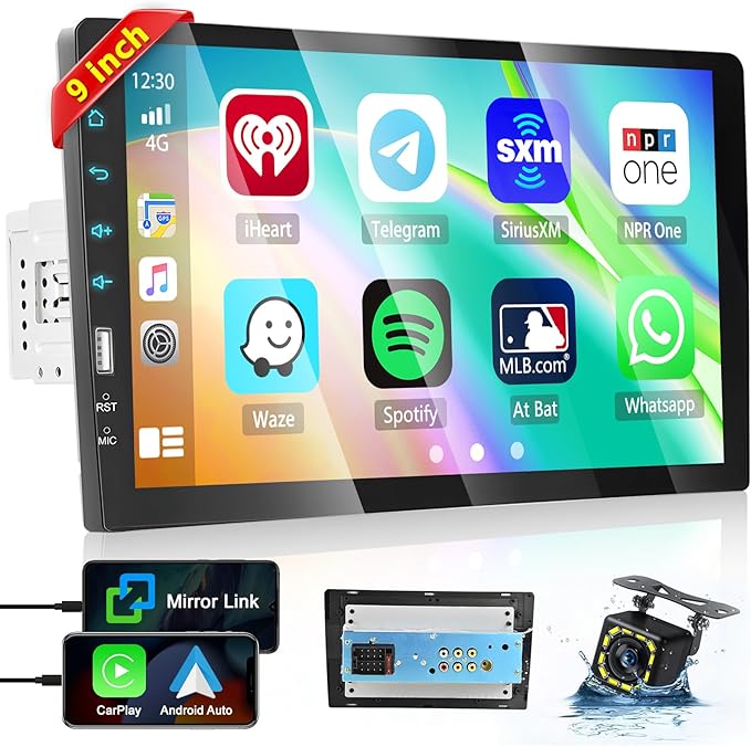 Hikity 9 Inch Single Din Car Stereo Support Carplay Android Auto Radio, Touch Screen with Bluetooth/GPS Navigation/Mirror ...