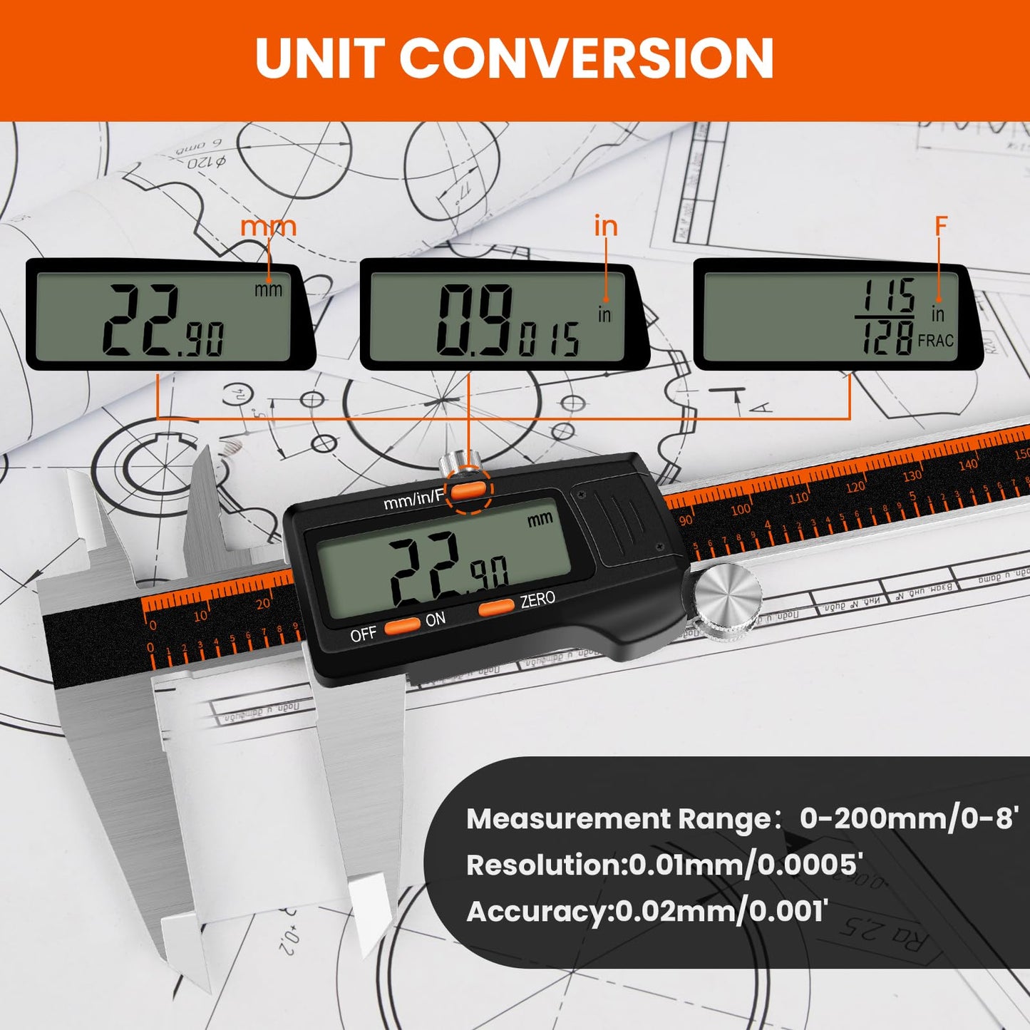 HARDELL Digital Caliper, 0-8 Inch Measuring Tool Large LCD Screen,Stainless Steel,Auto-Off,Inch/Fractions/Millimeter Waterproof Caliper Digital Micrometer for DIY/Household/3D Printing