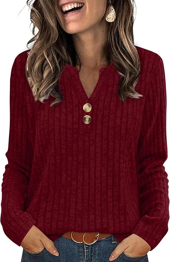 SAMPEEL Womens Sweaters Lightweight Long Sleeve Shirts V Neck Tops with Button Fall Outfits 2025