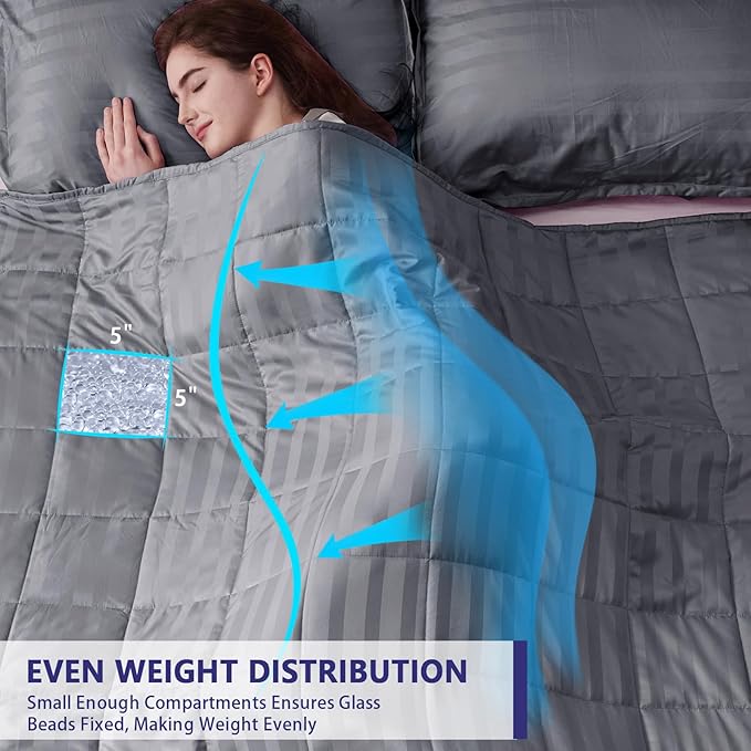 yescool Weighted Blanket for Adults (15 lbs, 48" x 72", Satin Grey Stripes) Heavy Blanket for Sleeping Perfect for 160-180 lbs, Twin Size Breathable Blanket with Premium Glass Bead, Machine Washable