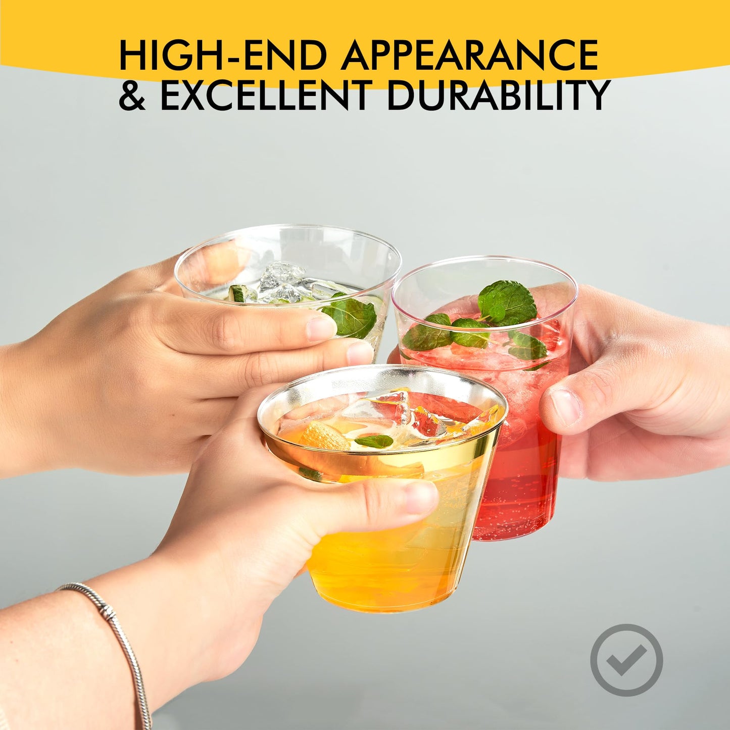 RACETOP 100 Pack 9 oz Gold Plastic Cups Tumbler, Disposable Cups with Gold Rim for Party, Heavy-duty Clear Plastic Wine Glasses, Disposable Wedding Cups