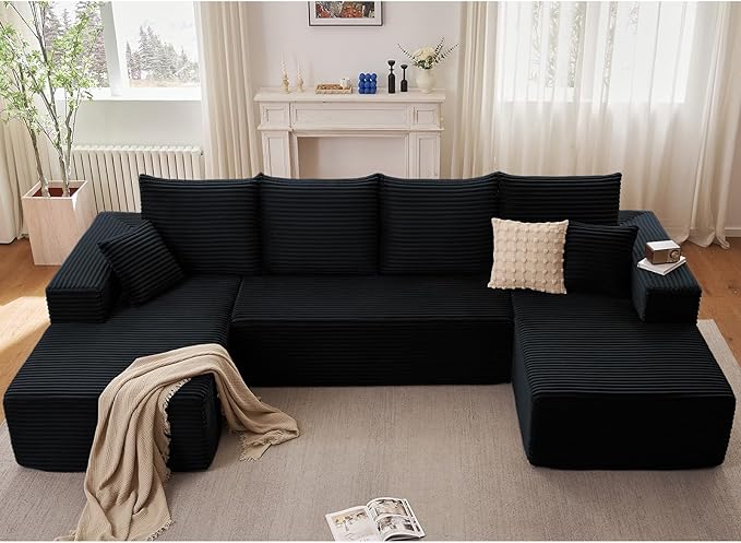 Sectional Cloud Couch for Living Room, Modular Floor Deep-Seat Sofa, Big Comfy Corduroy Couches Set with Fluffy Memory Foam, Stupendous U Shaped Sofas, No Assembly Required, Black