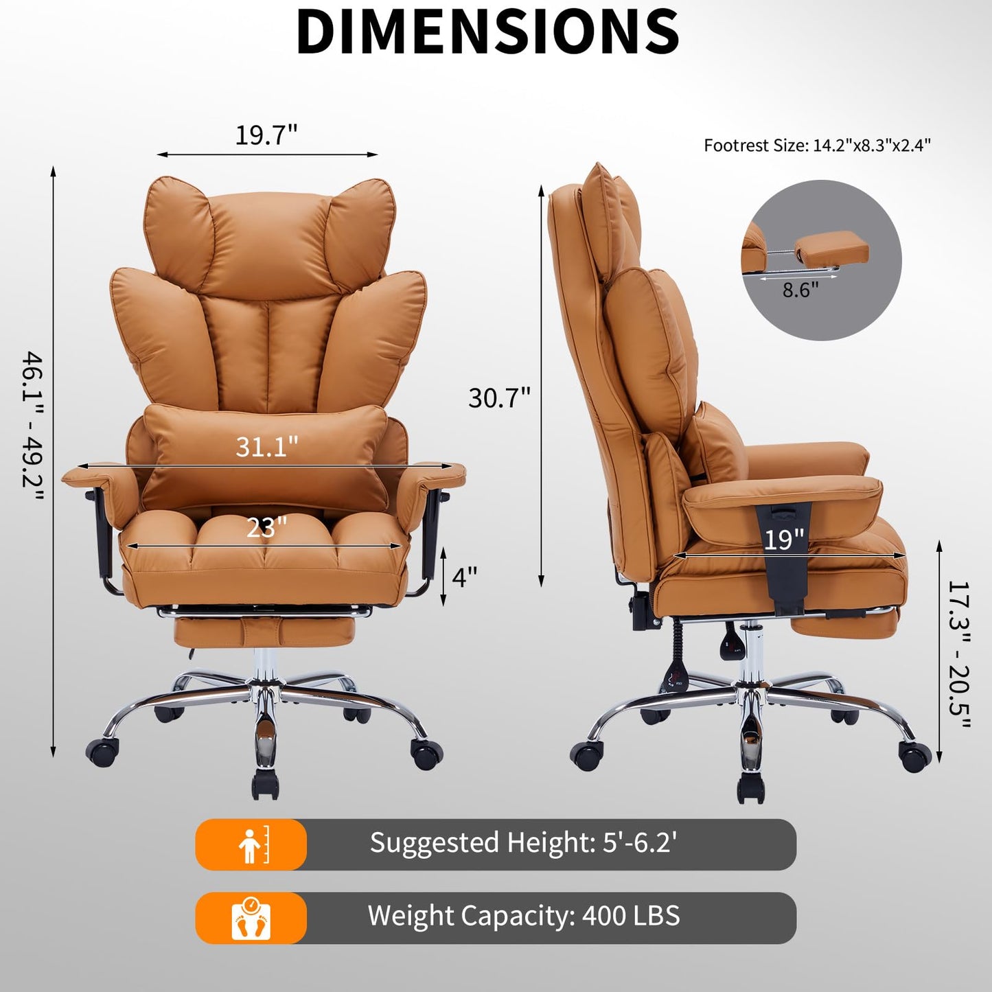 GarveeTech Big and Tall Office Chair with Footrest, 400lbs Executive Leather Office Chair, Ergonomic Gaming Chair for Adults, High Back Desk Chair with Lumbar Support, 150 Degree Reclining, Brown