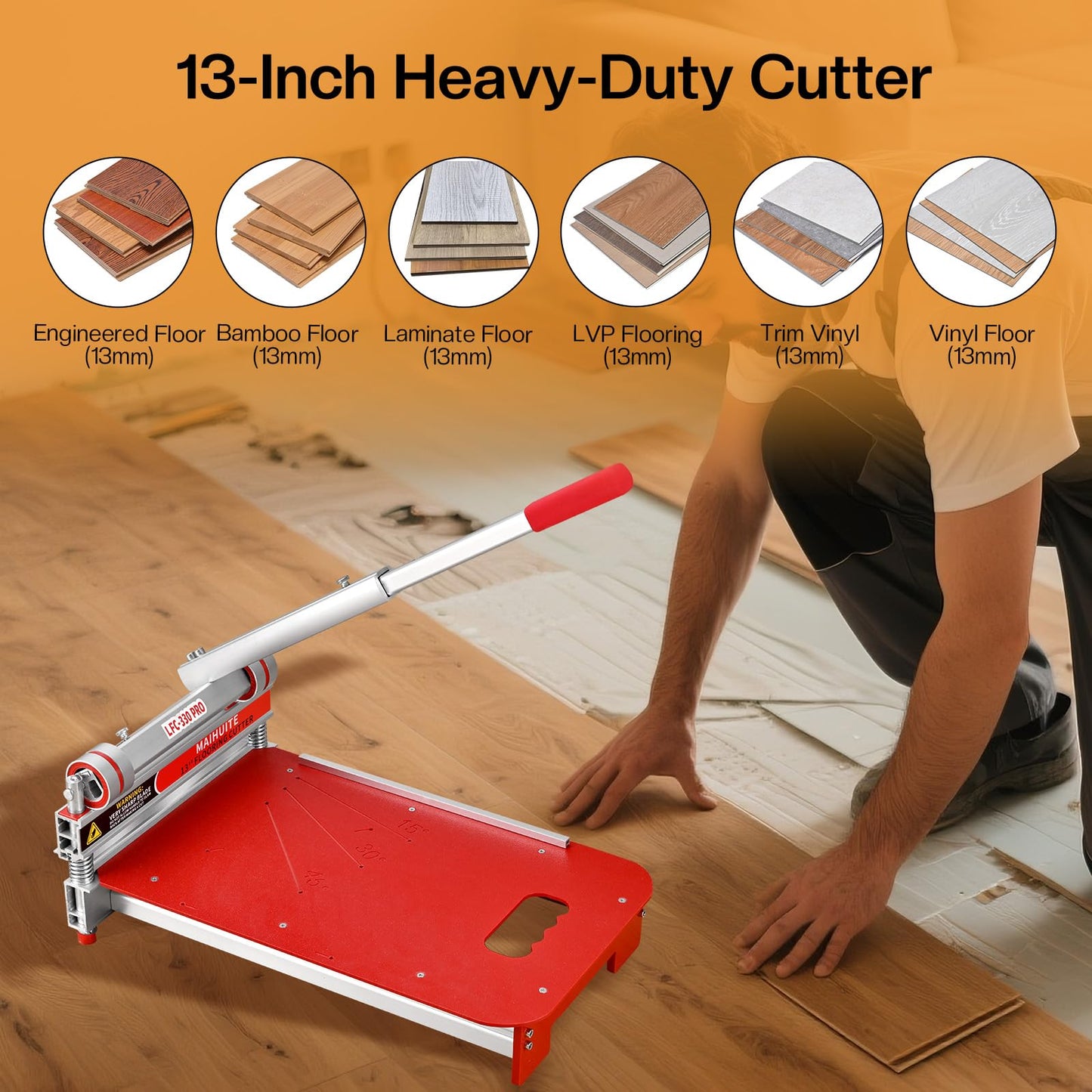 13“ Pro Vinyl Plank Cutter with Extra HSS Blade, Laminate Floor Cutter for Laminate Floor, Engineer Wood, LVP, LVT, VCT, SPC, WPC, Maximum cut to13 mm ! Simple Assembly, Quick Cutting