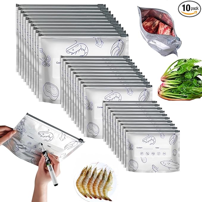 （30PCS,3 Size）2026 New Resealable Vacuum Zipper Pouches for Food,Reusable Aluminum Foil Sealable Storage Bags,aluminum freezer bagsFoil Sealable Bags with Label and Zip Lock for Vegetable Fruit Meat