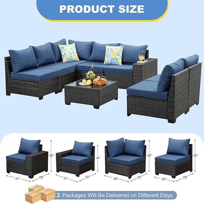 SunloungeCo Patio Furniture Set, 8 Pieces Outdoor Couch Sofa with Wider Armrests & Glass Coffee Table, Outdoor Sectional Furniture with Thick Cushions for Party, Poolside,Garden-Navy