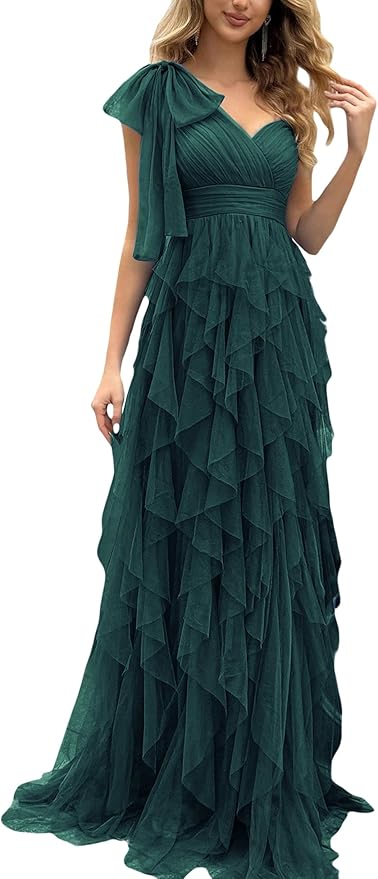 VOUIAO Summer Women Tulle Prom Dress Elegant Bow One Shoulder Slit Evening Party Gown Wedding Guest Bridesmaid Maxi Dress