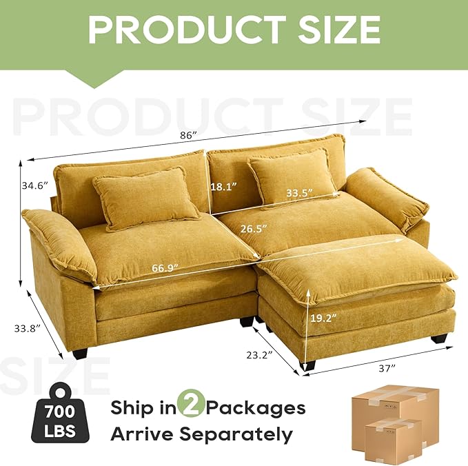 Oprisen 86" Modular Sectional Sofa, Comfy Cloud Couch Sectional Sofa with Ottoman, Chenille Sofa Sleeper Deep Seat Sofa with Throw Pillows for Living Room (Yellow, 86"- L Shape)