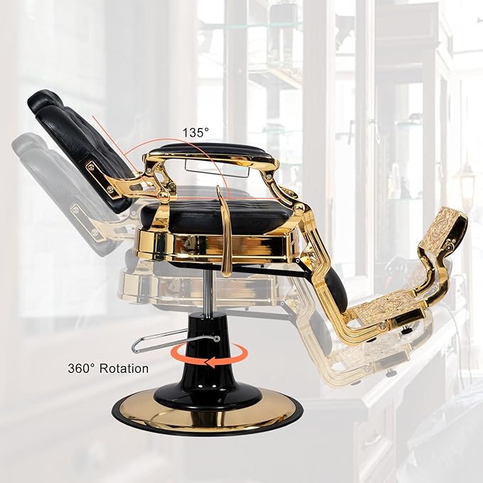 Winado Heavy Duty Vintage Recline Barber Chair Hydraulic with Headrest, Supports up to 700lbs & 360° Rotatable, Professional Salon Beauty Spa Shampoo Equipment (Gold - Square Backrest)