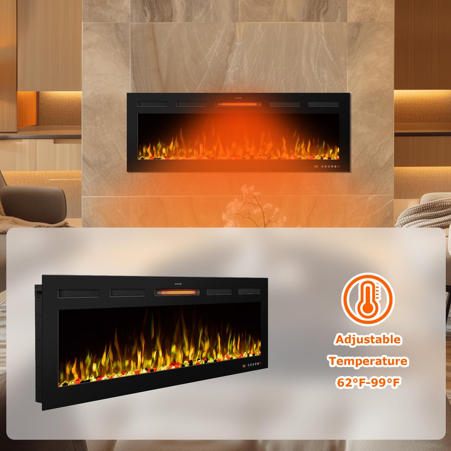 VINEMOUNT 65" Electric Fireplace Insert Recessed & Wall Mounted, Slim Large Screen, 13 Color Cycle Flame, APP& Touch Panel&Remote Control, 750W/1500W, Timer, Overheat Protection