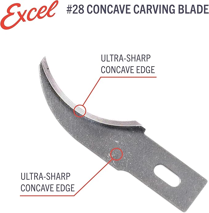Excel Blades #28 Concave Carving Utility Blade Replacement - 50 Pack Carbon Steel Precision Hobby Blades Craft Knifes - Ideal for Model Making, Cosplay, Foam Carving, Trimming, and Woodworking
