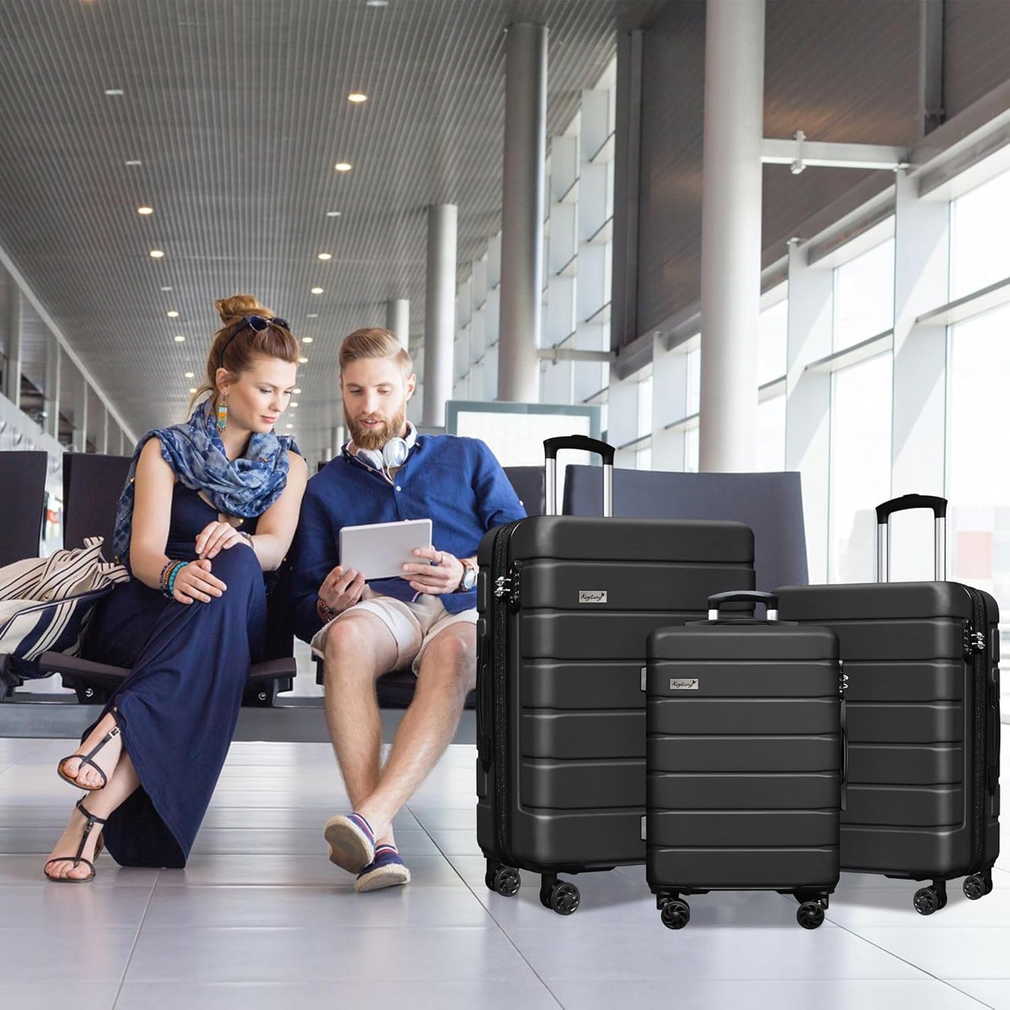 KEYTANG 3-Piece Hardshell Luggage Set(20/24/28), Lightweight Expandable Suitcase with TSA Lock and Double Spinner Wheels, 20% Expansion for Extra Packing, Carry-On and Checked Bags, Black