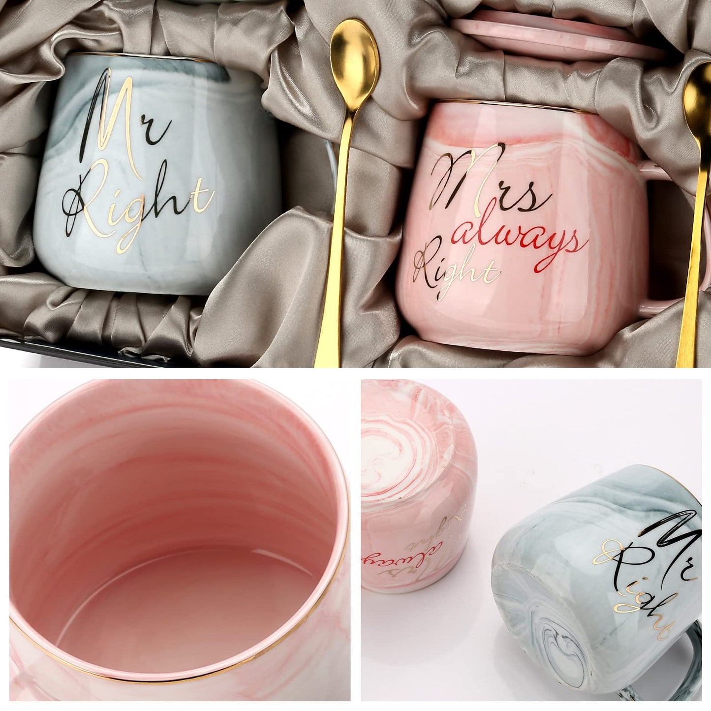 Mr Right Mrs Always Right Couple Coffee Mugs- Wedding Gifts Bridal Shower Anniversary Engagement Gifts for Couple - Bride and Groom Newlyweds Married Couples Ceramic Marble Mugs Set (13.2 oz )