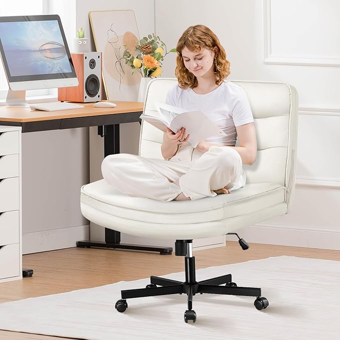GTRACING Criss Cross Legged Office Chair with Wheels, Extra Wide Armless Comfy Desk Chair for Home Bedroom, 2 Layer Cushion Large Seat & Back Support X-Legged Chair, Beige PU Leather Adjustable Height