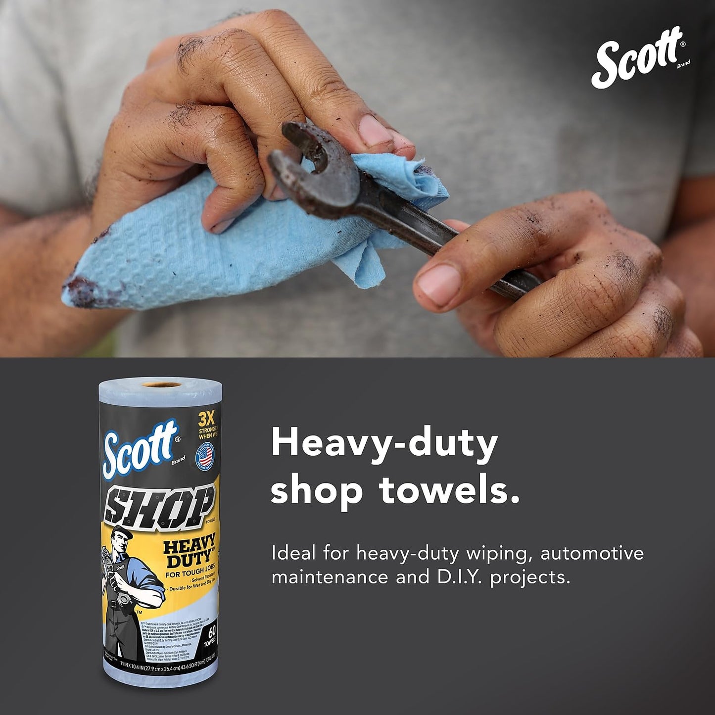 Scott Shop Original Heavy Duty Towels (32992), Blue, Cloth-like Paper Towel for Solvents, 10.4"x11" Wipe (12 Rolls of 60 Sheets, 720 Sheet Total)