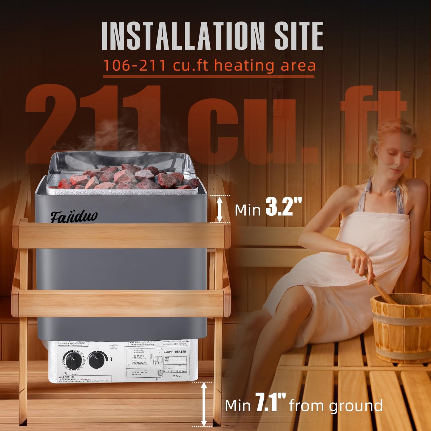 Fajiduo Sauna Heater, 4.5KW 110V Electric Sauna Stove with Bracket, Adjustable Temp & 3H Timer Dry Sauna Heater for Max 211 Cu.ft Saunas Rooms, Home Sauna, Commercial