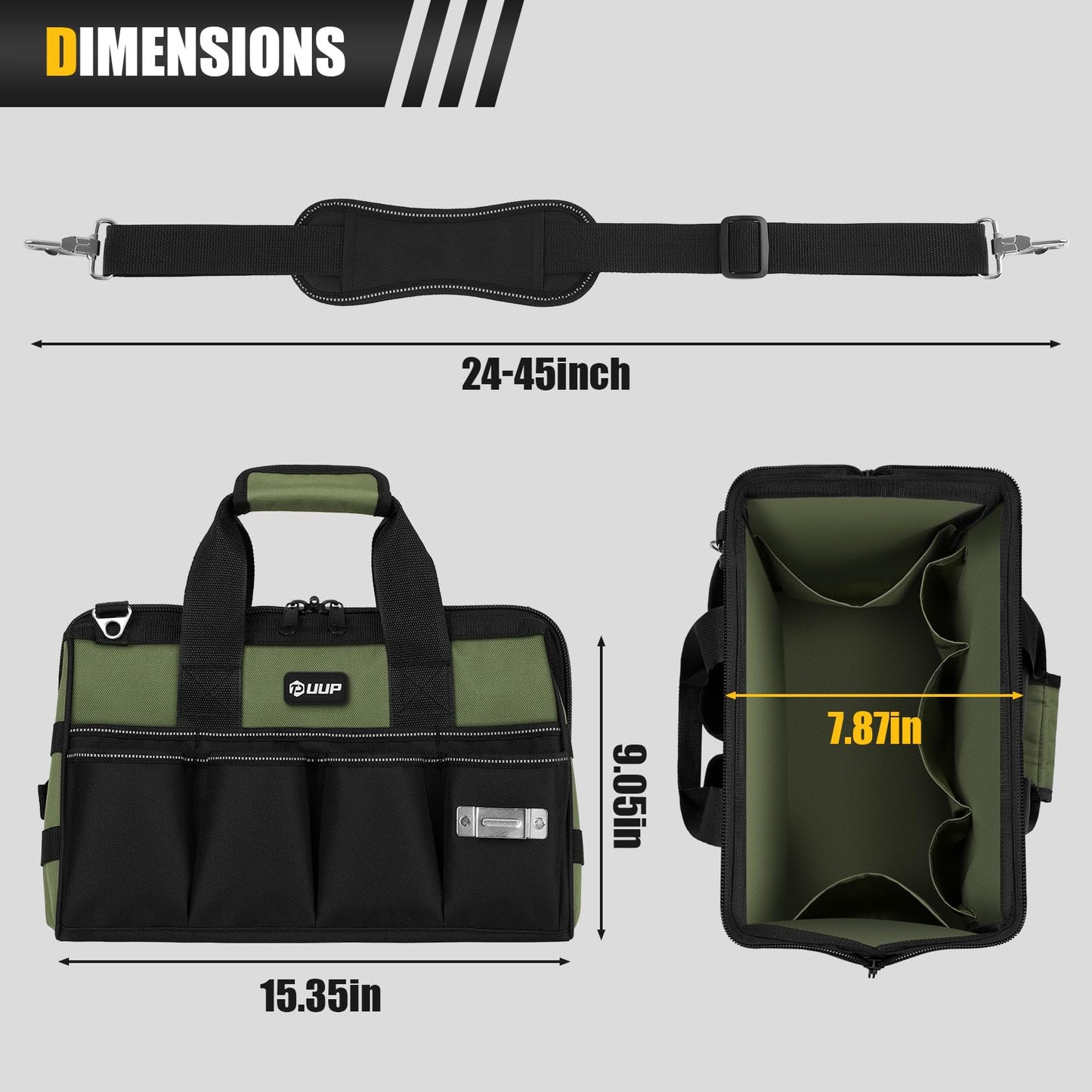 UUP Heavy Duty Tool Bag 15-Inch, 16-Pocket Portable Empty Tool Box Organizer Storage, Toolbox Organization, Soft Handle Large Zipper Carrying Toolbag, Father Day Dad Men Mechanic Welding Birthday Gift