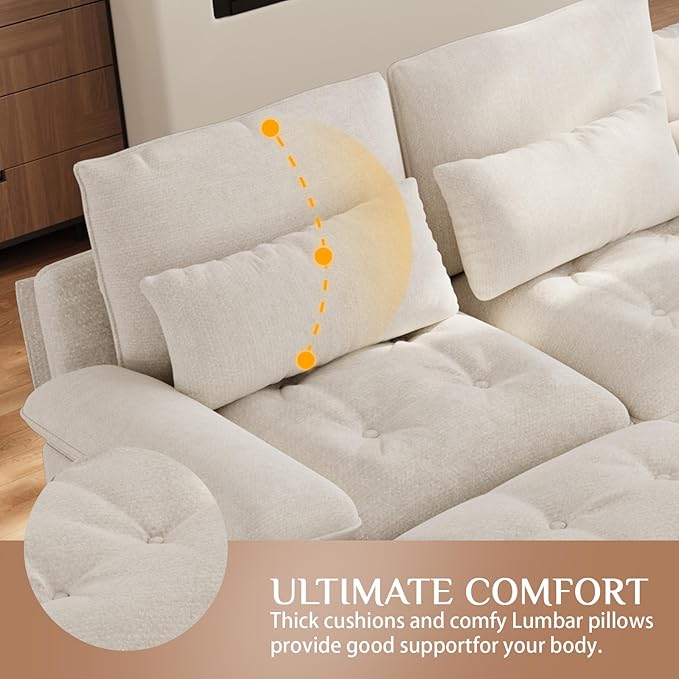 BEQAI 134"U Shaped Sectional Couches for Living Room, Oversized Modular Sectional Fluffy Couch with 2 Ottoman & Storage Console,Modern 6 Seat Living Room Sofa with Glitter Fabric,Tufted Buttons, Beige