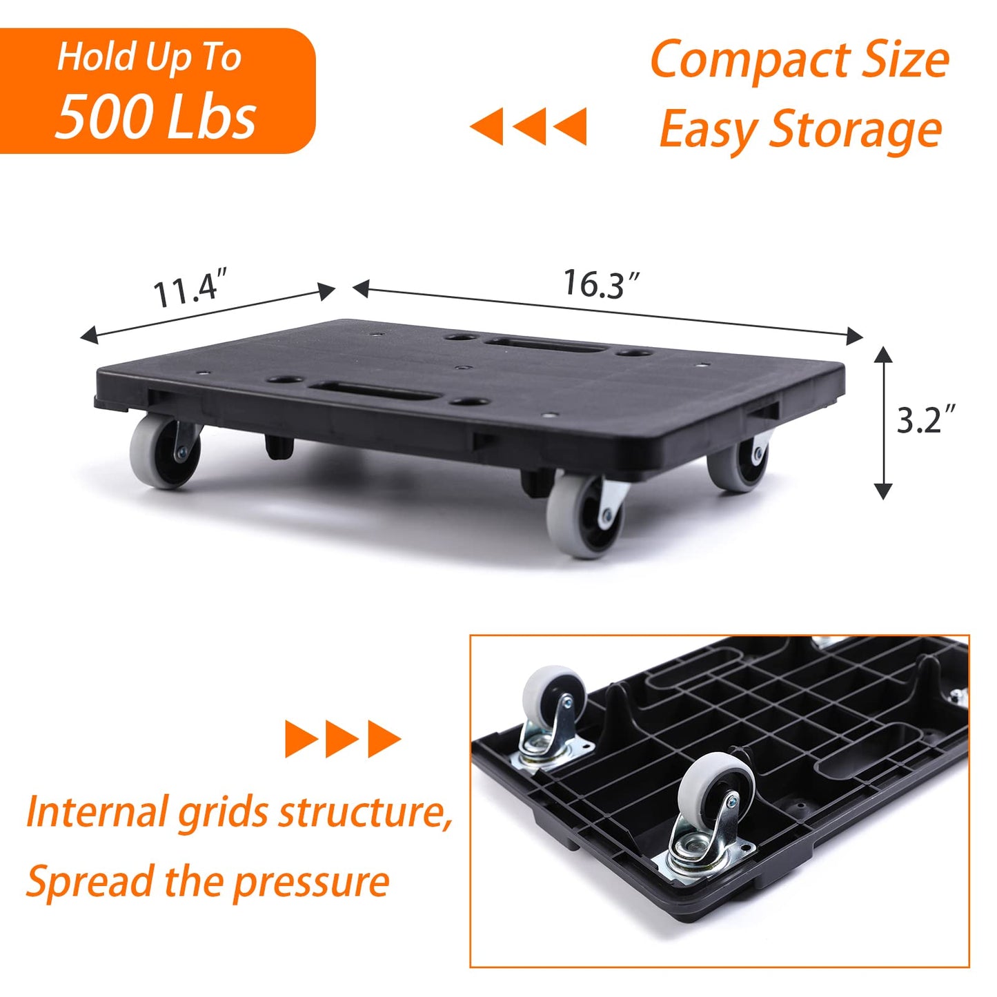 Furniture Dolly,Moving Dolly 4 Wheels Heavy Duty,16in-11in 500lbs Capacity,Furniture Movers Dollys with Wheels,Small Flat Cart with 2 Ropes, 2 Pack, Black (Black)