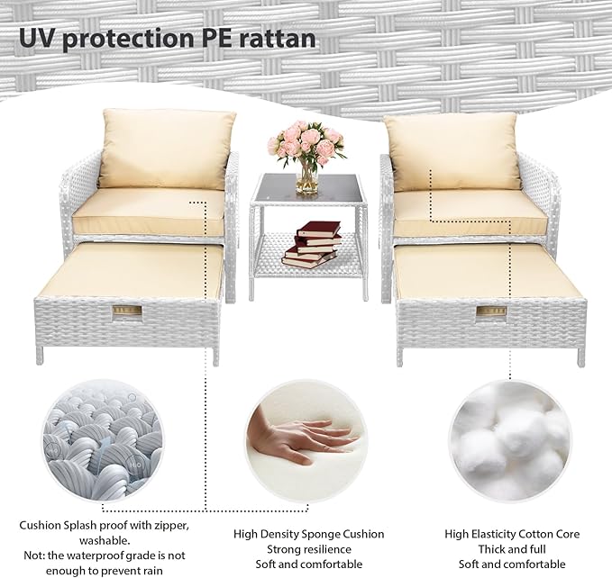 LEVELEVE Balcony Furniture 5 Piece Patio Conversation Set, PE Wicker Rattan Outdoor Lounge Chairs with Soft Cushions 2 Ottoman&Glass Table for Porch